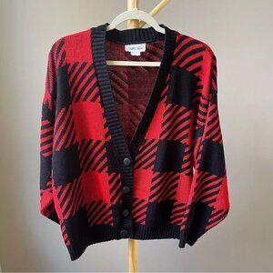 Vintage Cardigan Sweater Women's Size L Large Red Black Plaid Cabin Lodge Cozy